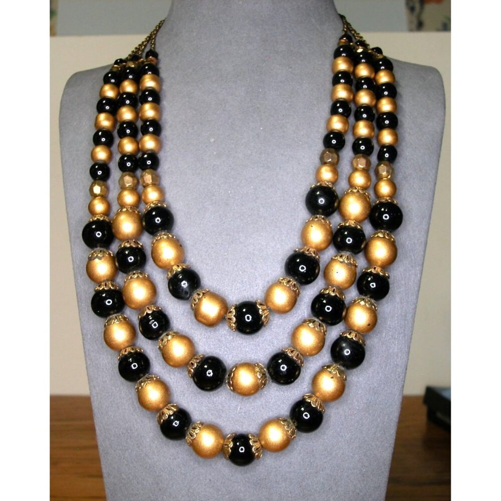 Vintage Multi-Strand Gold Tone & Black Beaded Necklace With Adjustable Lobster C